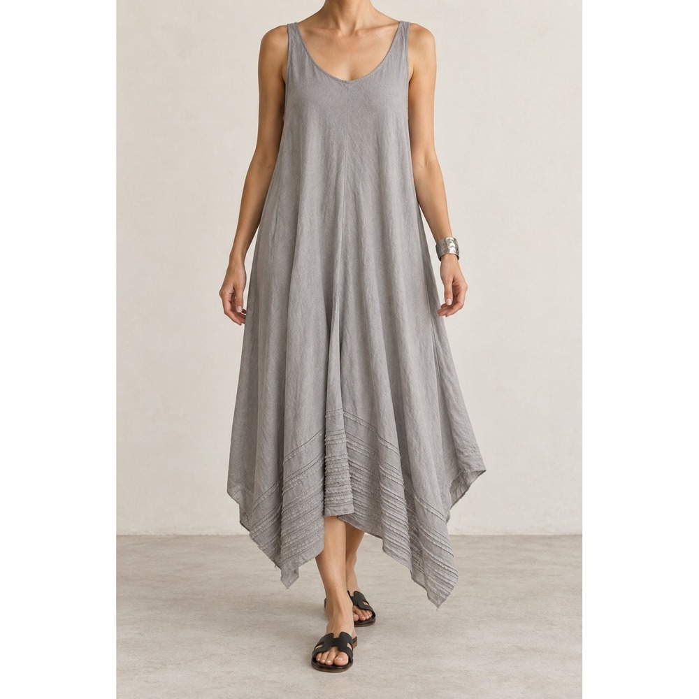 Eileen Fisher Gray 100% Linen Asymmetrical Handkerchief Hem Midi Dress S